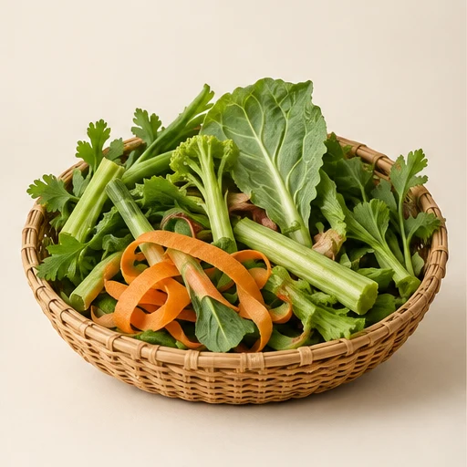 Illustrative basket of sorted vegetable trimmings