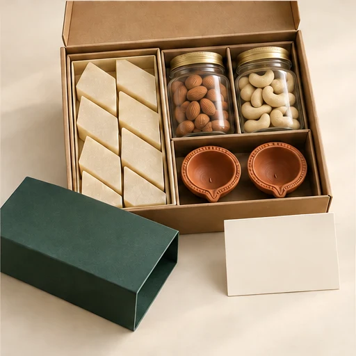 Illustrative Diwali corporate gift box with mithai, separately sealed dry fruits and two clay diyas