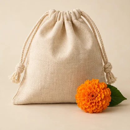 Reusable natural cotton drawstring pouch with a marigold