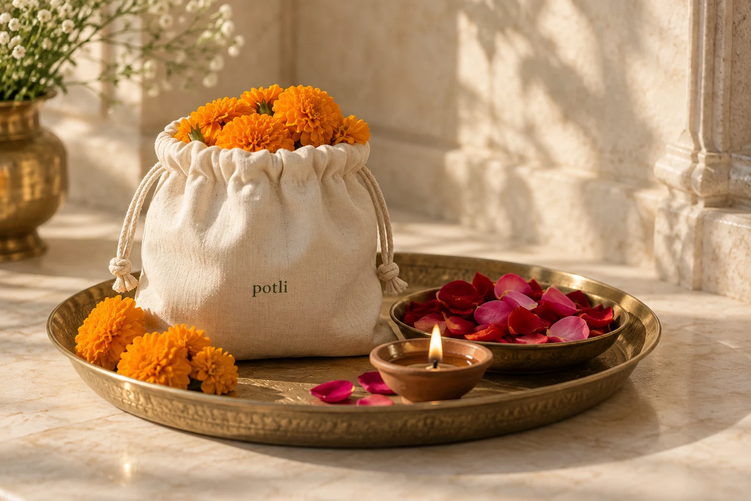 Cotton potli filled with marigolds beside rose petals, a brass puja tray and a diya in gentle morning light