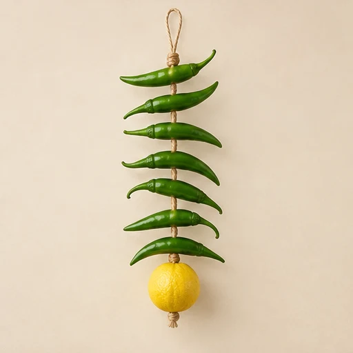 One lemon and seven green chillies on a cotton hanging thread